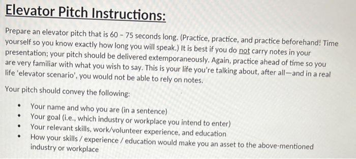 Elevator Pitch Instructions: Prepare an elevator | Chegg.com Elevator Pitch Instructions: Prepare an elevator | Chegg.com